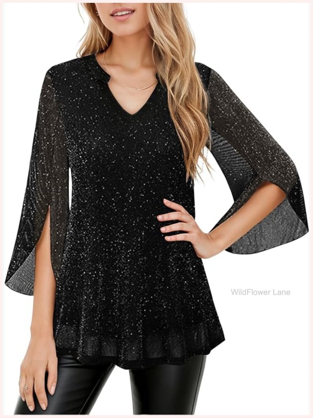 3/4 Sleeve Sparkly Glitter Tunic Top V-Neck Double Layered Blouse